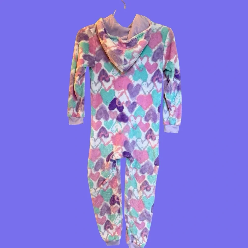 PJ Place One Piece Fleece Pastel Hearts Pajamas With Hood Girls L 10/12